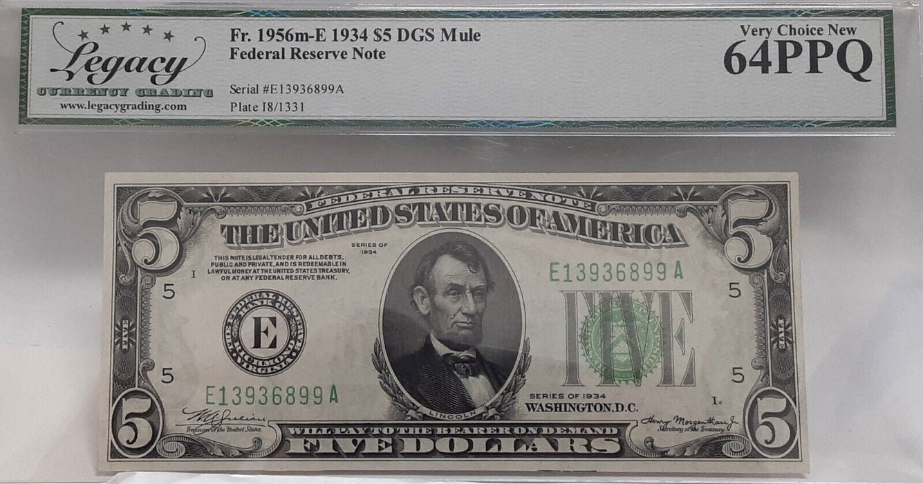 1934 $5 FRN 'Mule' Note Richmond Dist. Fr. 1956m-E  Legacy Very Ch New 64PPQ  D