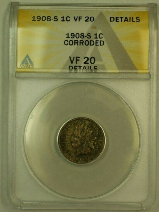 1908-S Indian Head Cent Penny 1c ANACS VF-20 Details