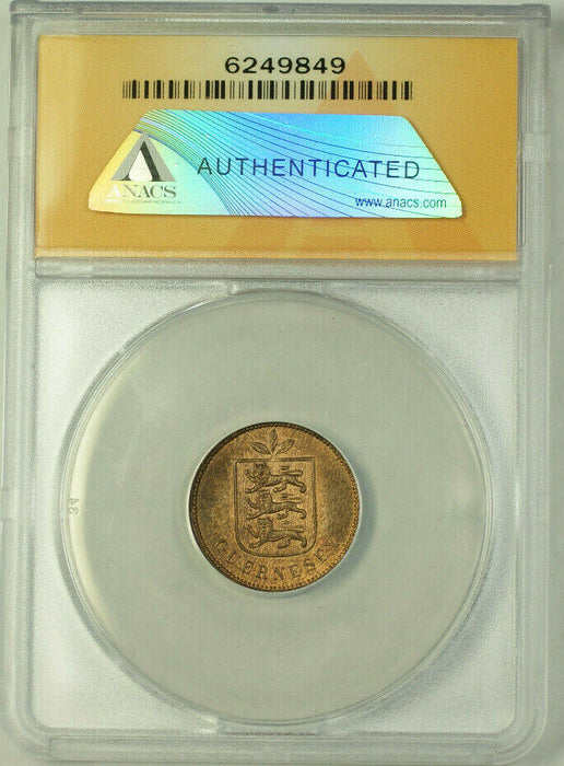 1893-H Guernsey Bronze 1 Double Coin ANACS MS 64 Red Brown