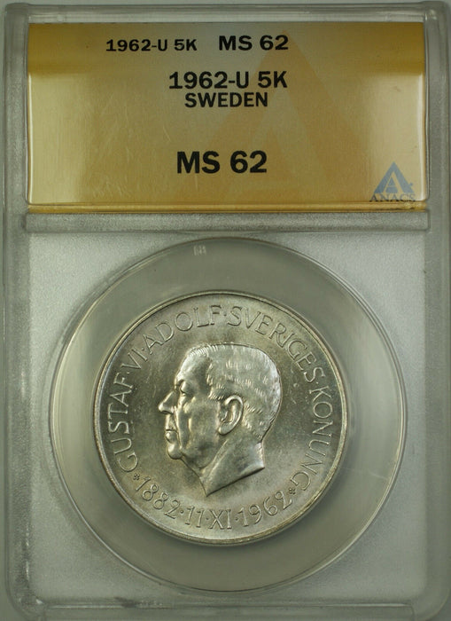 1962-U Sweden Silver 5 Kroner ANACS MS-62 (Better Coin)
