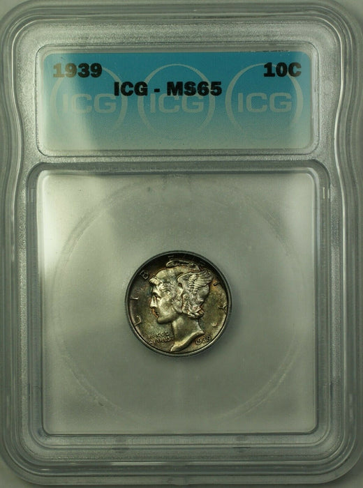 1939 Silver Mercury Dime 10c Coin ICG MS-65 Beautifully Toned GEM BU (B)