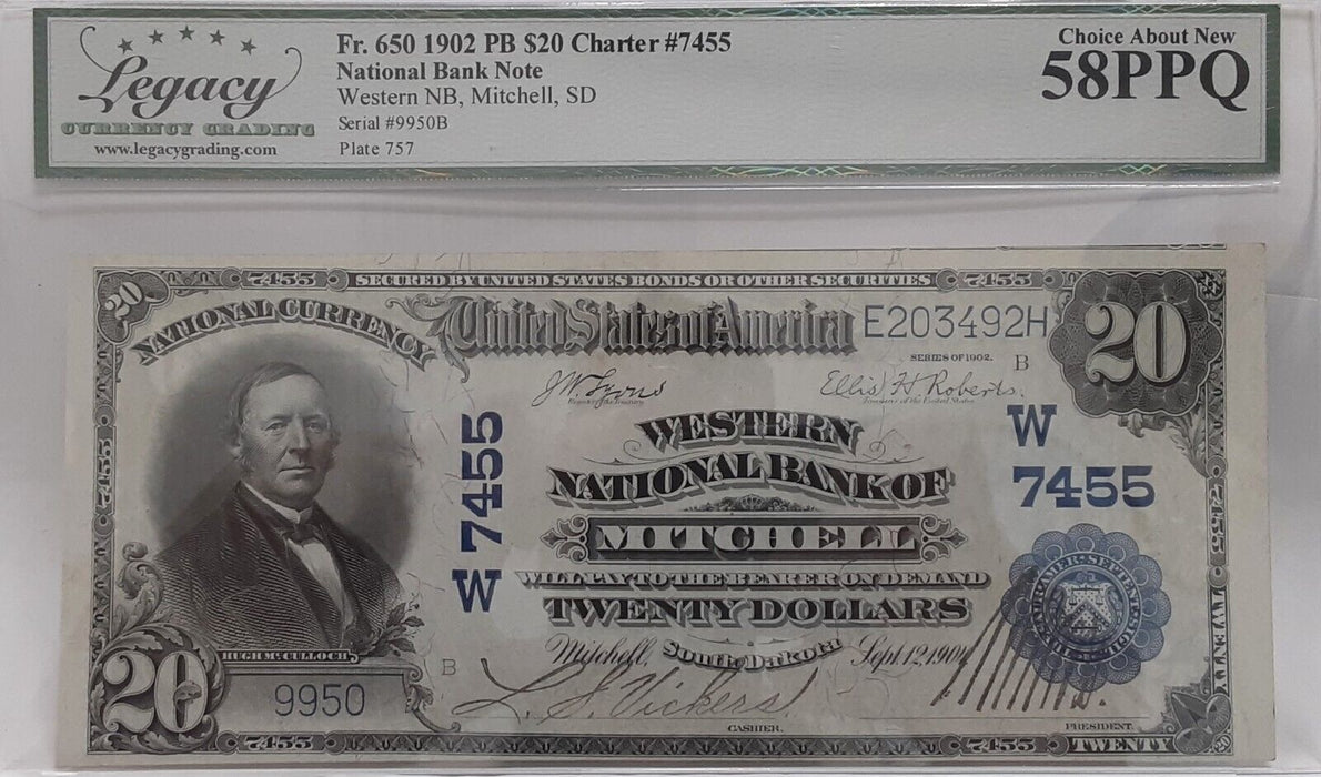 1902 $20 National Currency PB West Nat'l Bank Mitchell SD CH#W-7455 Legacy 58PPQ