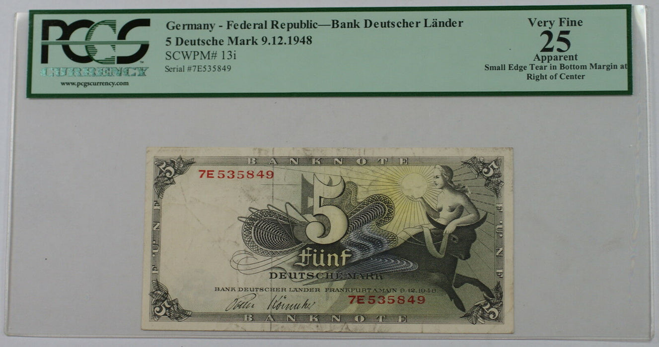 1948 Germany Federal Republic 5 Deutsche Mark Note SCWPM#13i PCGS VF-25 Apparent