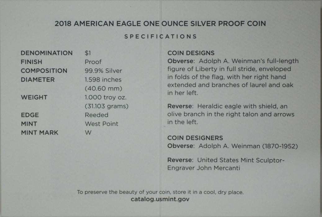 2018-W Proof American Silver Eagle 1oz Coin With OGP & COA