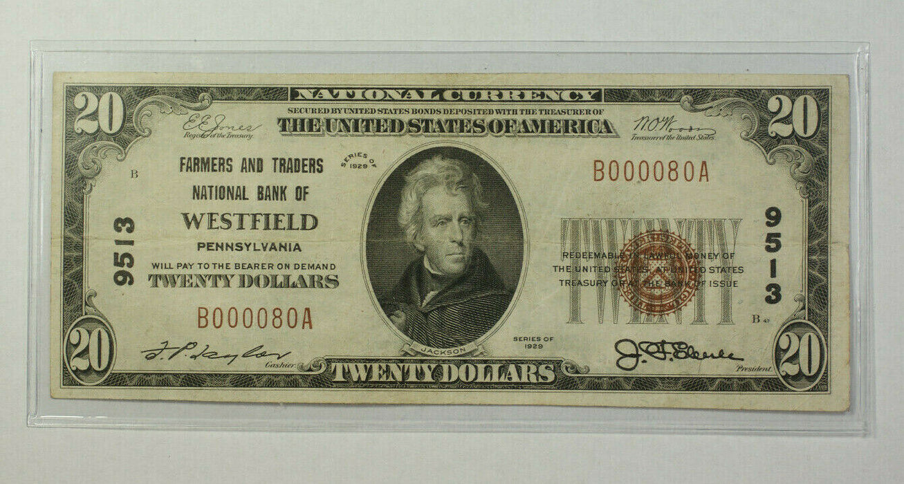 1929 $20 Bill **TYPE I, 3rd KNOWN** National Currency Banknote Westfield PA 9513