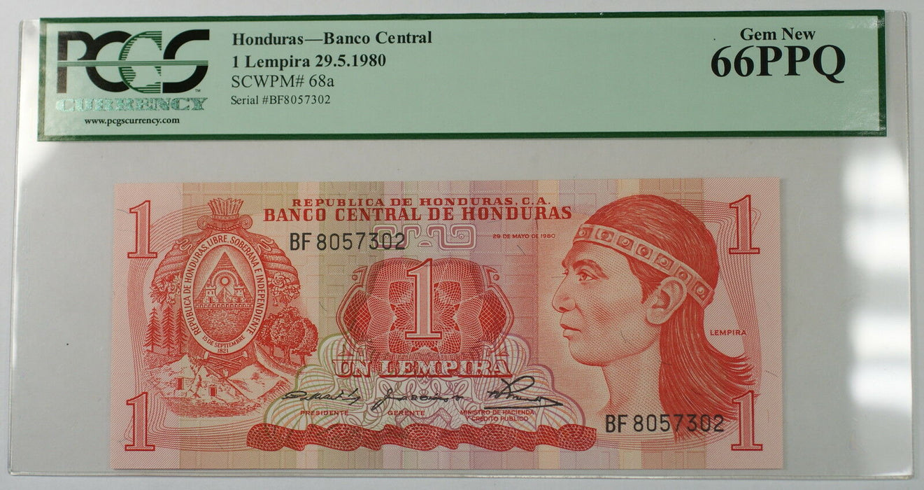 29.5.1980 Honduras Banco Central 1 Lempira Note SCWPM# 68a PCGS 66 PPQ Gem New