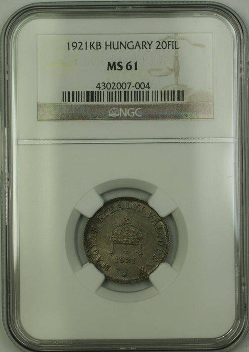 1921-KB Hungary 20 Filler Coin NGC MS-61 *Very Rare*