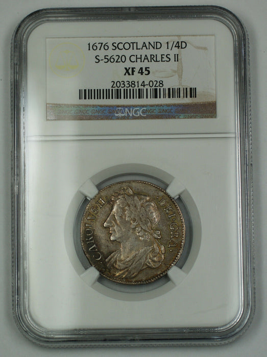 1676 Scotland 1/4 Dollar Silver Coin S-5620 Charles II NGC XF-45 AKR