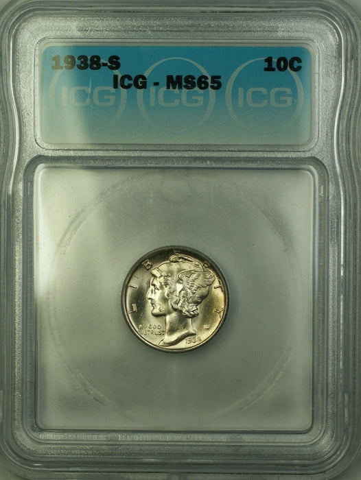 1938-S Silver Mercury Dime 10c Coin ICG MS-65 Near Full Bands GEM BU