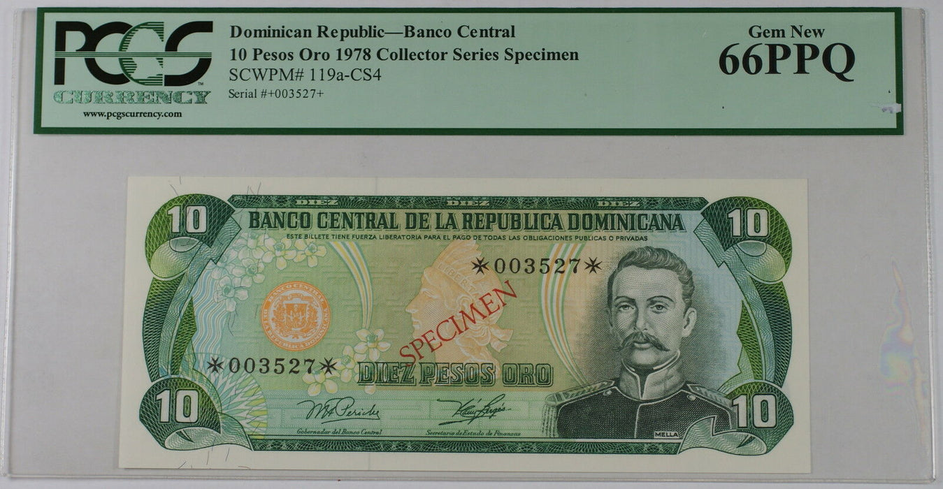 1978 Dominican Republic 10 Pesos Oro Specimen Note SCWPM# 119a-CS4 PCGS 66 PPQ