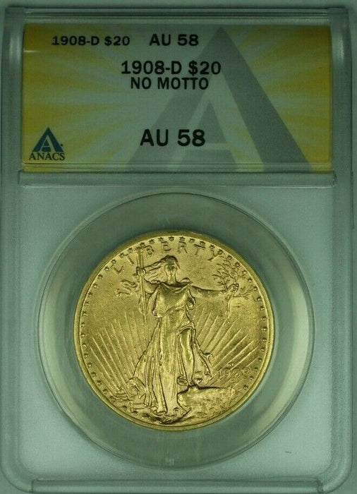 1908-D No Motto St. Gaudens $20 Double Eagle Gold Coin ANACS AU-58