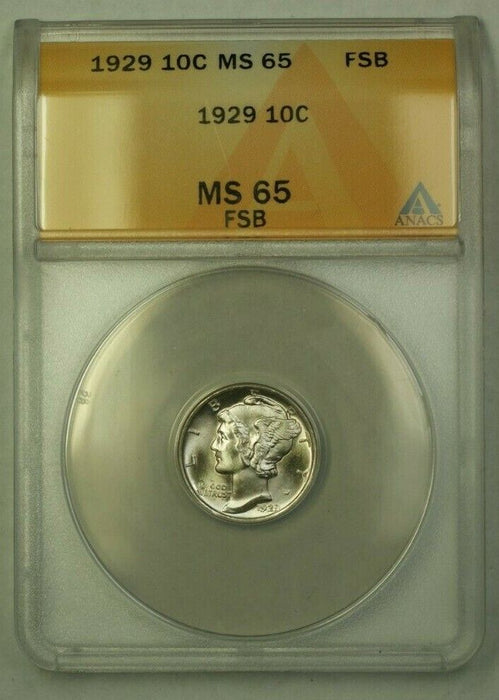 1929 Silver Mercury Dime 10c ANACS MS-65 FSB (WW) (G)