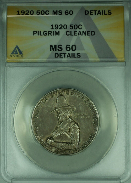 1920 Pilgrim Commemorative Silver Half 50c ANACS MS-60 Details Cleaned  (44)