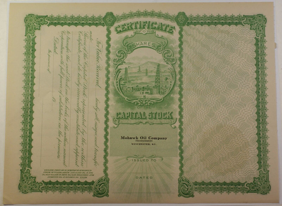 Mohawk Oil Company Winchester Kentucky Stock Certificate Serial Number 82
