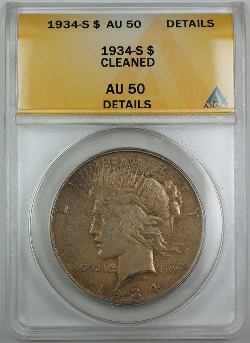 1934-S Silver Peace Dollar, ANACS AU-50 Details, Cleaned Coin