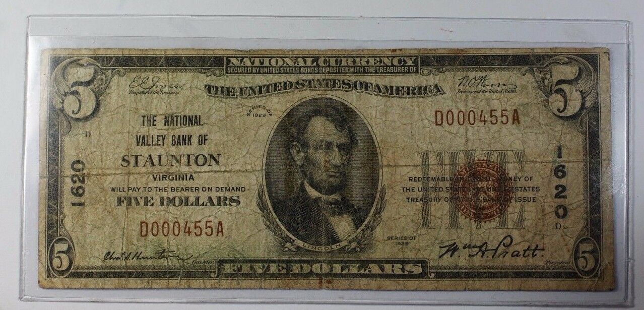 US $5 National Banknote Series of 1929 Staunton Virginia Charter # 1620 Fine