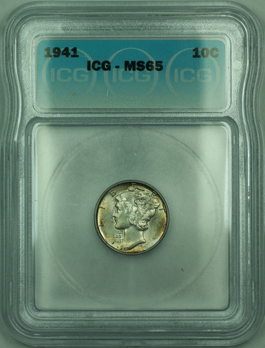 1941 Mercury Silver Dime 10c Coin ICG MS-65 Toned (Looks Full Bands FB) (N)