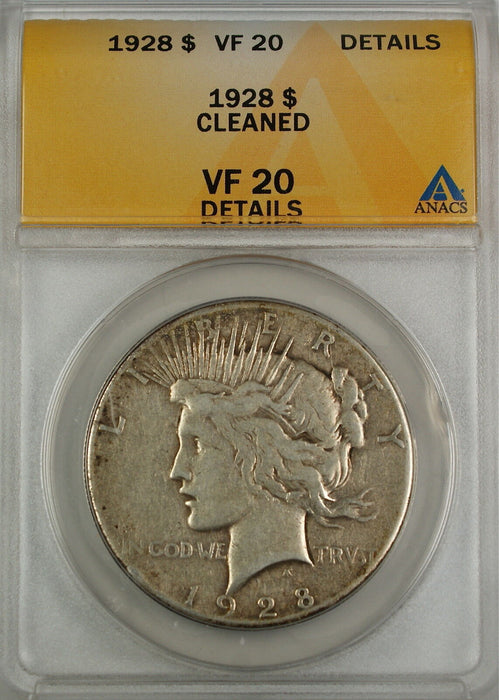 1928 Peace Silver Dollar Coin, ANACS VF-20 Details - Cleaned