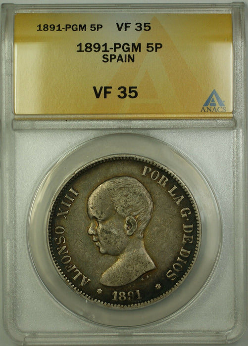 1891-PGM Span 5 Pesetas Silver Coin ANACS VF-35