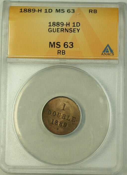 1889-H Guernsey Bronze 1 Double Coin ANACS MS 63 Red Brown