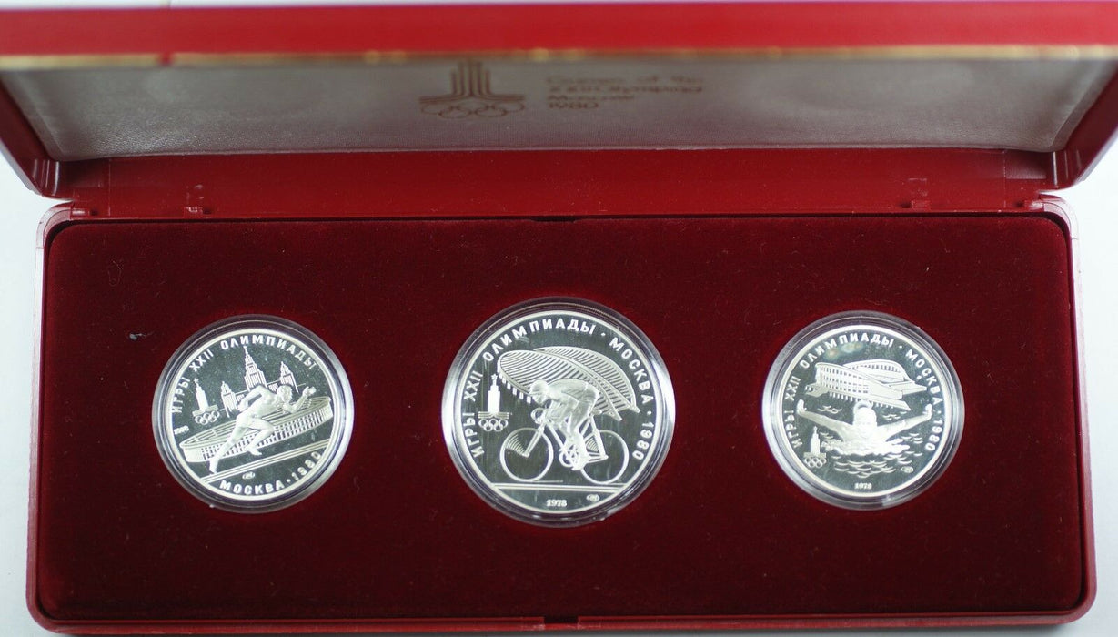 1978 10 and 5 Ruble Russia Commemorative Silver Proof 3 Coin 1980 Olympic Set