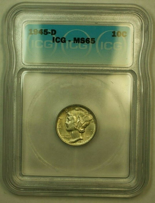 1945-D Silver Mercury Dime 10c Coin ICG MS-65 Q (Toned)