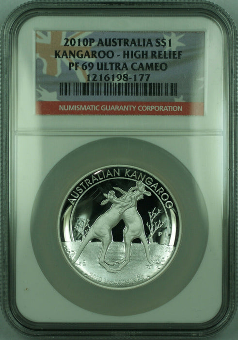 2010-P Australia Silver High Relief 1 Oz Kangaroo Proof $1 Coin NGC PF-69 (C)