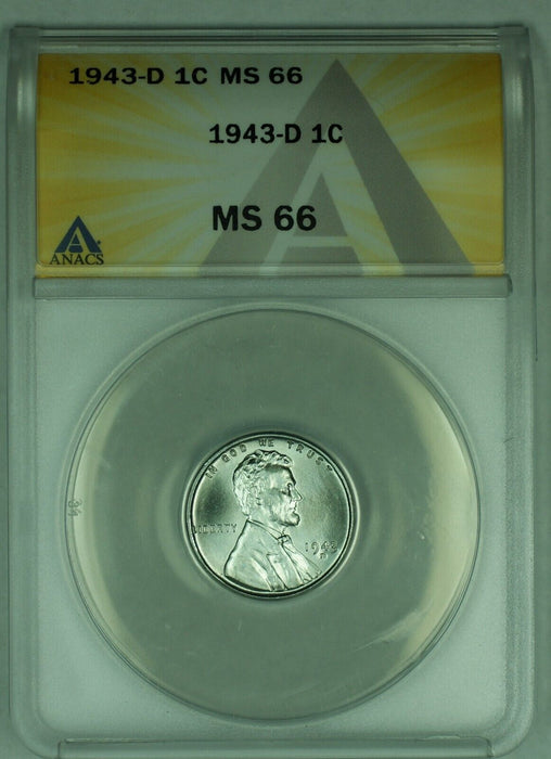1943-D Lincoln Steel Wheat Cent 1C Coin ANACS MS 66-Repunched Mintmark D (1) B