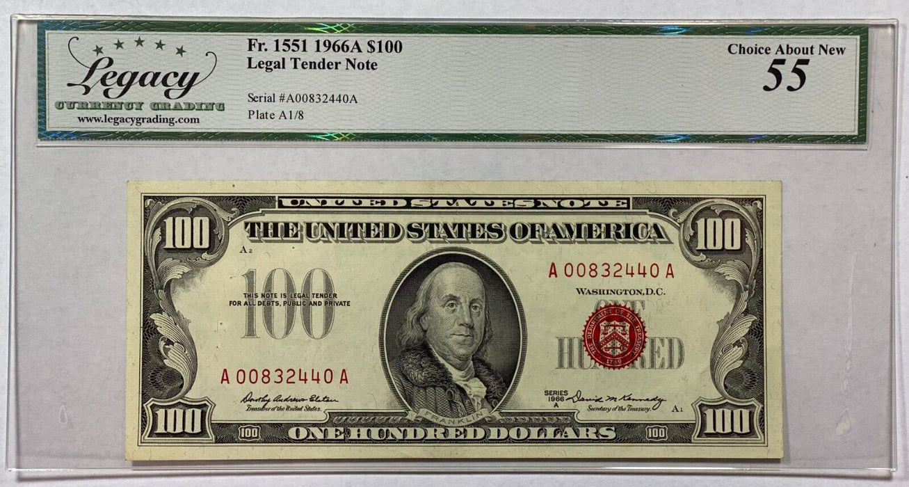 1966 $100 One Hundred Dollar Legal Tender US Note Fr. 1550 Legacy ChAbtNew 55  A
