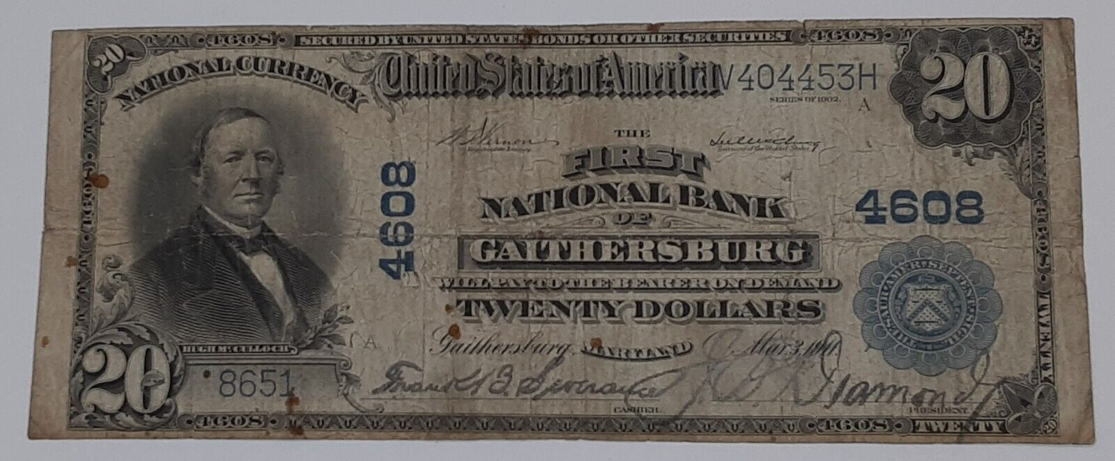 1902 $20 Nat'l Currency Note 1st Nat'l Bank of Gaithersburg, MD CH# 4608 VG  SL