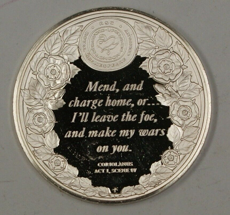 Sterling Silver Medal 0.4 ozt of .925 W/ Quote From the Play Coriolainus on Rev.