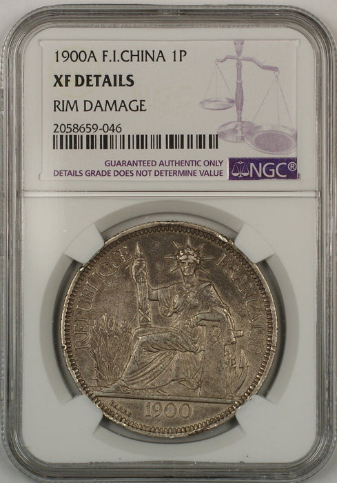1900A French Indochina 1P Piastre Silver Coin NGC XF Details Rim Damage