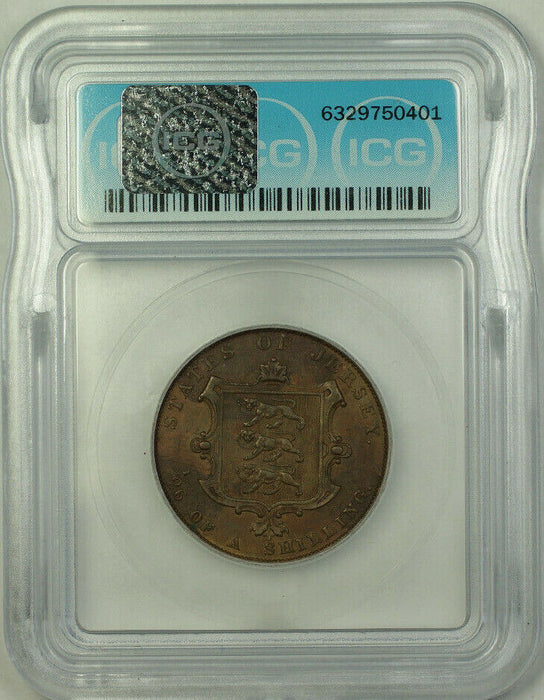 1851 Jersey 1/26 Shilling ICG AU-58 Double Die Obverse Details Corroded KM#2