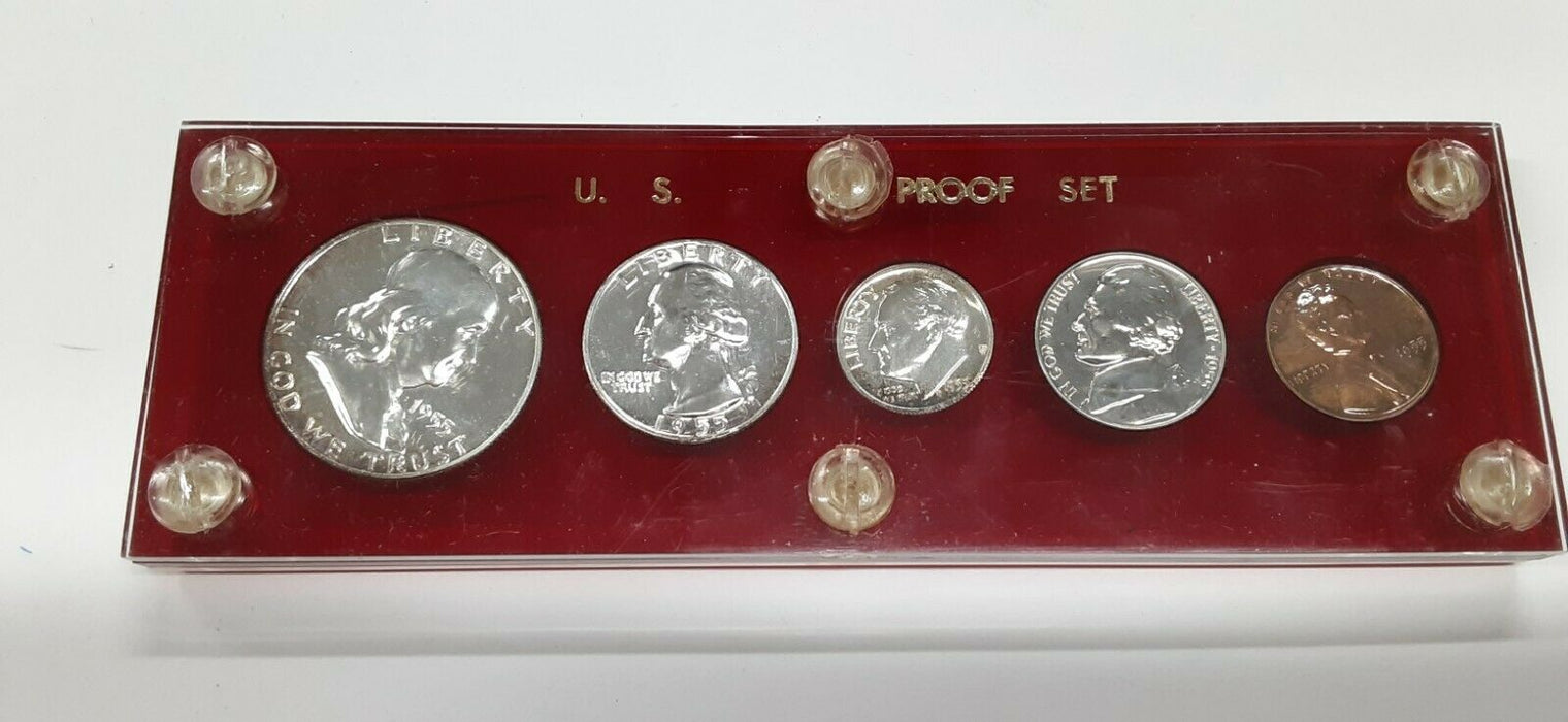 1955 United States Mint 5 Coin Proof Set in Red Acrylic Holder 90% Silver (G)