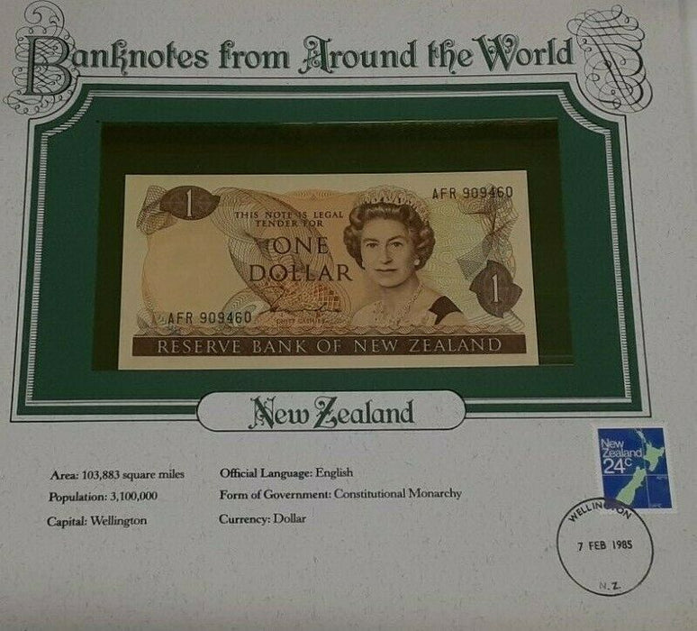 1985 New Zealand One Dollar Banknote Crisp Uncirculated in Stamped Info Card