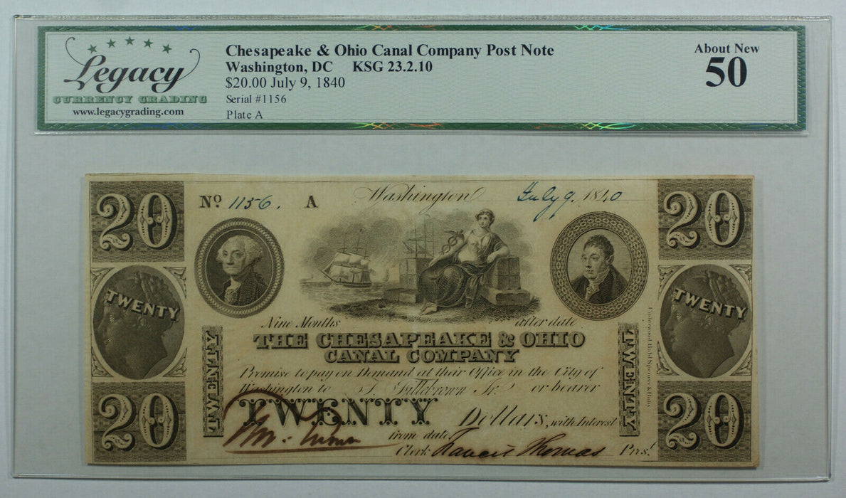 1840 Chesapeake Ohio Canal Co. Post Note Washington DC KSG 23.2.10 $20 Legacy 50