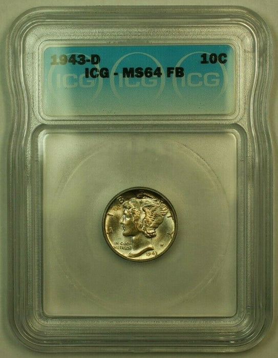 1943-D Silver Mercury Dime 10c Coin ICG MS-64 FB FSB Toned