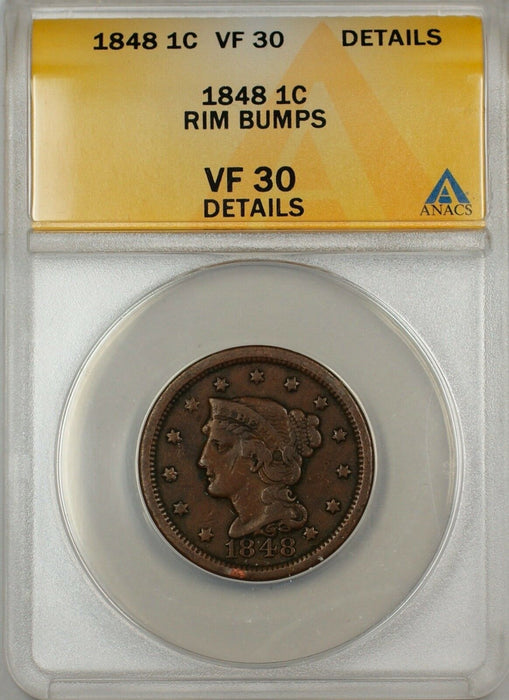 1848 Large Cent 1c Coin ANACS VF 30 Details Rim Bumps (B)