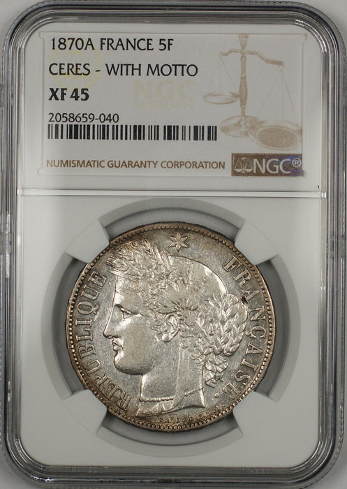 1870A Ceres with Motto France 5F Francs Silver Coin NGC XF-45