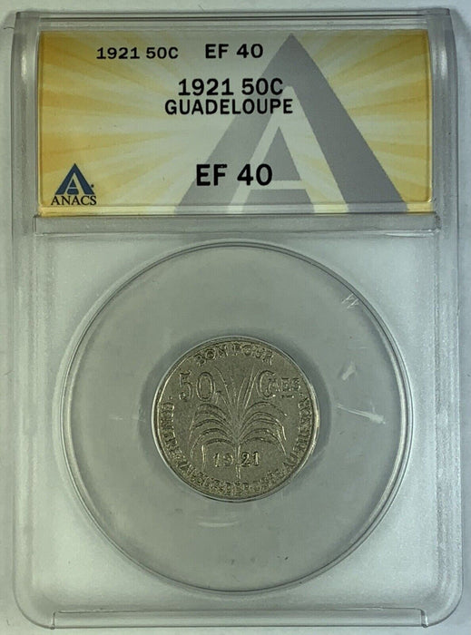 1921 50 Centimes Guadeloupe/Caribbean Island, Coin ANACS XF 40