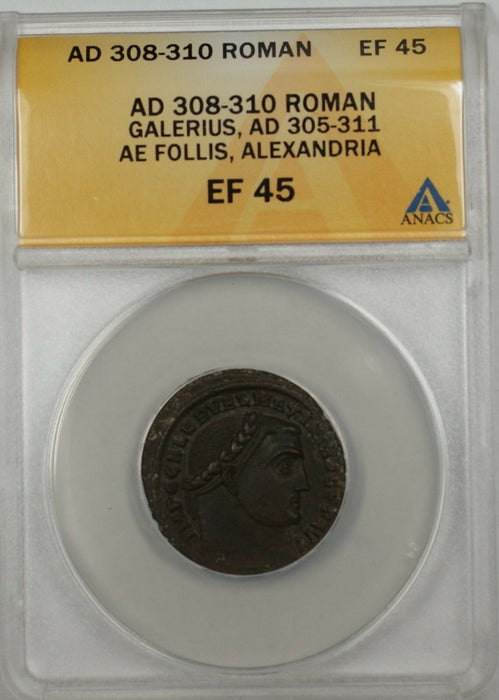 308-310 AD Roman Galerius Follis Alexandria Ancient Bronze Coin AE ANACS EF 45