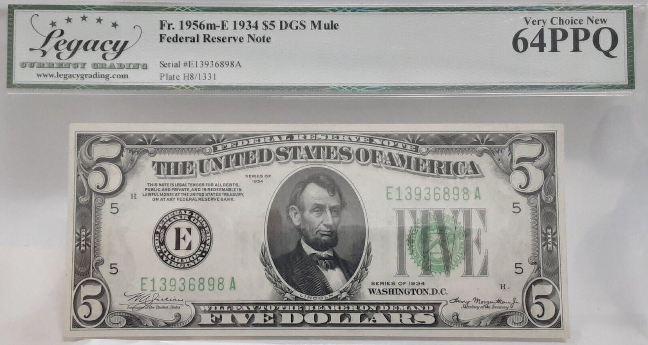 1934 $5 FRN 'Mule' Note Richmond Dist. Fr. 1956m-E  Legacy Very Ch New 64PPQ  C