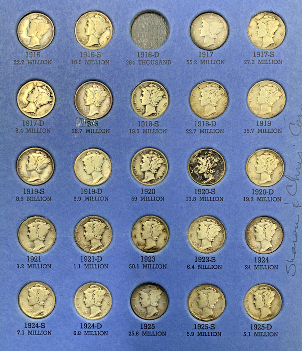 1916-1945 Mercury Silver Dime Almost Complete Set, NO 1916-D-Whitman Coin Folder