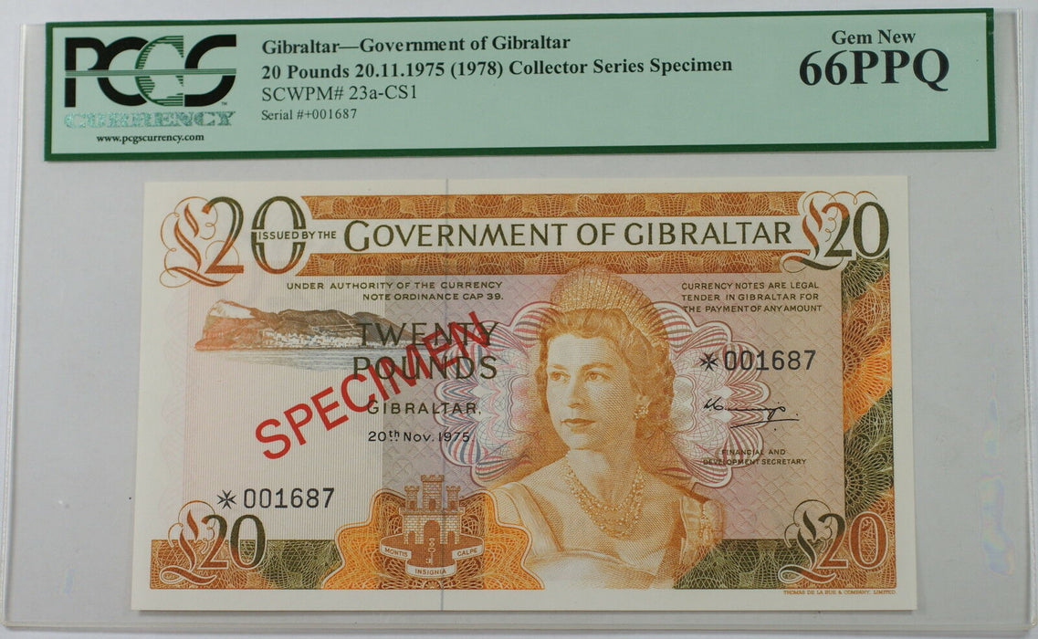 1975 (1978) Gibraltar 20 Pounds Specimen Note SCWPM# 23a-CS1 PCGS 66 PPQ Gem New