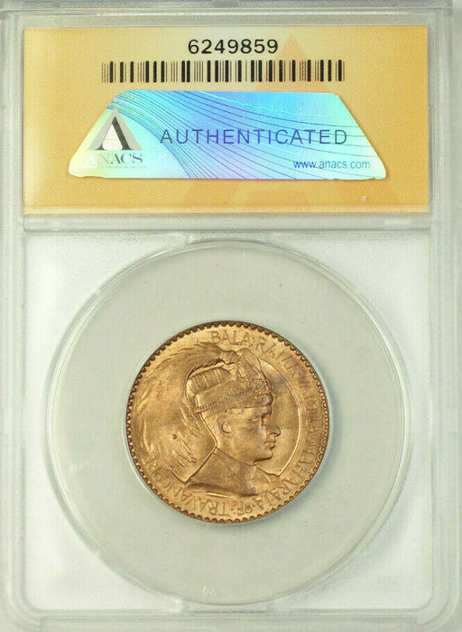 1938-40 India-Travancore 1 Chuckram Coin ANACS MS 65 Red Brown