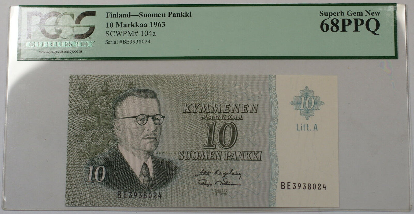 1963 Finland Suomen Pankki 10 Markkaa Note SCWPM#104a PCGS 68 PPQ Superb Gem New