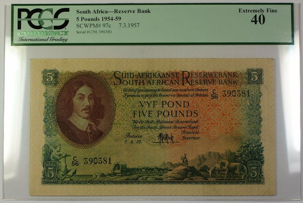 1954-59 7.3.1957 South Africa 5 Pounds Bank Note SCWPM# 97c PCGS EF-40 (B)