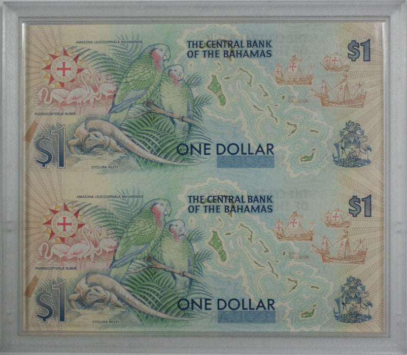1992 Central Bank of Bahamas Quincentennial $1 Uncut Sheet Two Crisp Notes