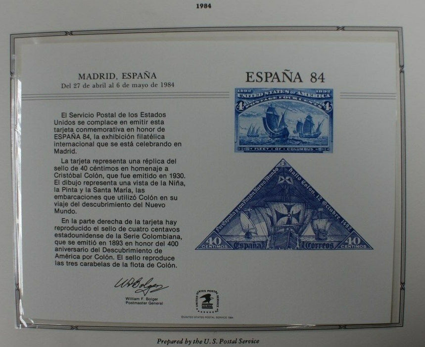 souvenir card PS 49 Espana 1984 1893 4¢ Columbian stamp