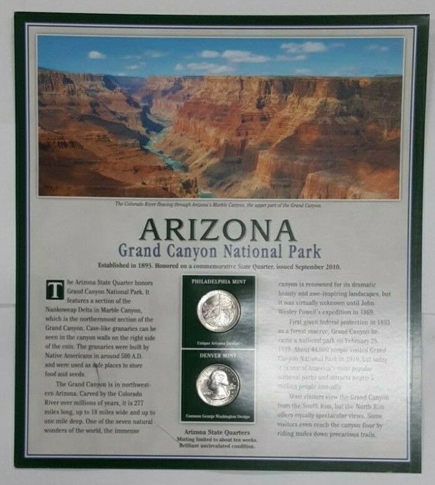 2010 Arizona Grand Canyon National Park Quarter P&D w/2 Stamps on Display Card
